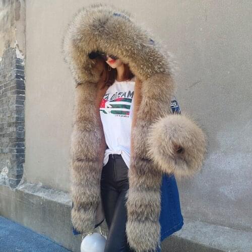 European station long section label denim jacket female fox fur large fur collar detachable PV plus velvet coat college wind