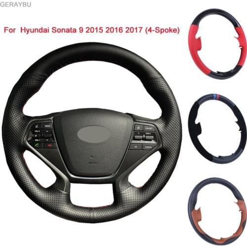 GERAYBU Custom DIY Leather Hand-sewn Car Steering Wheel Cover For Hyundai Sonata 9 2015-2017 (4-Spoke) Breathable Wear-resistant