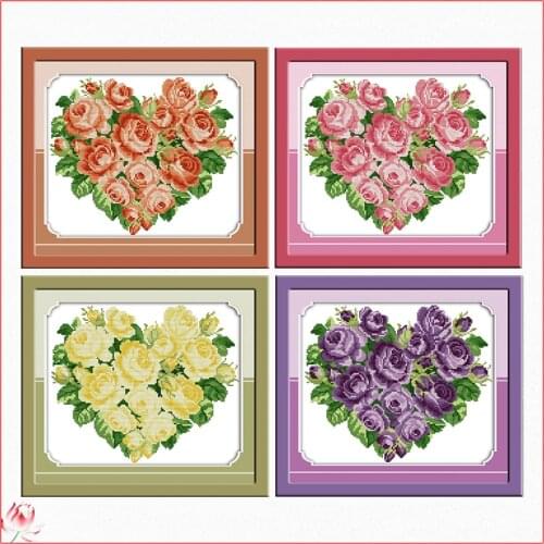 Joy Sunday Heart-shaped Rose Cross Stitch Patterns Kits Canvas Embroidery Needlework Sets 11CT 14CT DIY Handmade Home Decoration