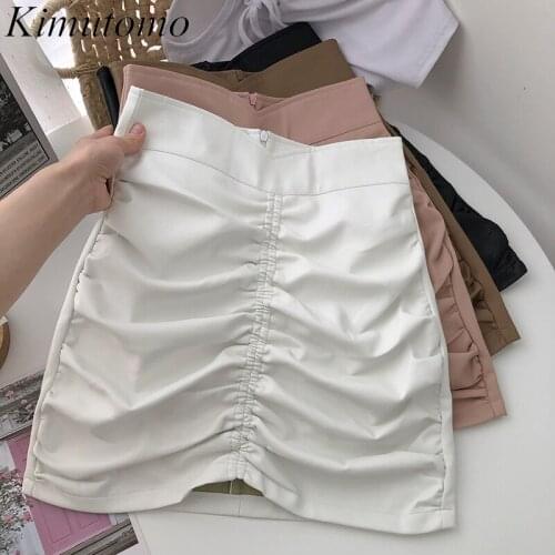 Kimutomo Irregular Folds Skirts Women Autumn Clothing Korean Retro Slimming High Waist Solid Color PU Leather Zipper Mini Skirt