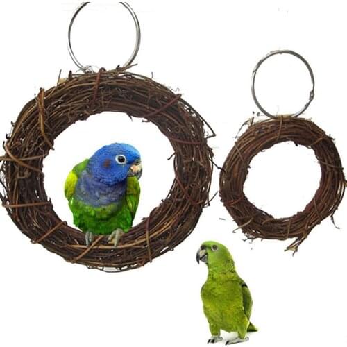 Classic Retro Style Fashion Birds Parrot Macaw Rattan Hoop Hanging Cage Climb Swing Chew Bite Ring Toy Round Grass Woven Stand