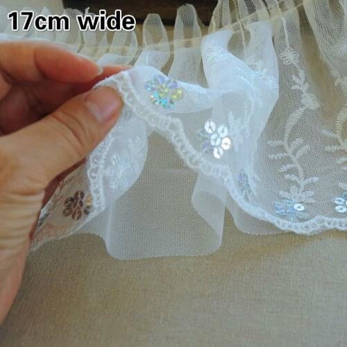 17cm Wide White Mesh Embroidered Crumpled Sequins Lace Fabric DIY Wedding Dress Costumes Ladies Childrens Clothing Skirt Trim