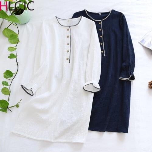 Summer Night Dress for Women Pure Cotton Crepe Sleep Skirt Long Sleeve Nightgowns Famale Thin Loose Casual Sleepwear Home Skirt