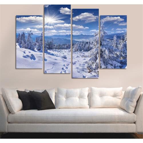 4 Pieces Snowing Mountain Tree Modular Picture Hd Blue Sky Landscape Posters Home Decor Canvas Painting Wall Art for Living Room