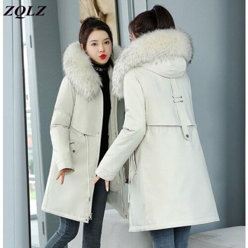 ZQLZ Winter Jacket Women Hooded Fur Collar Down Cotton Loose Long Parka Mujer Casual Warm Coat Female Plus Size Overcoat Femme