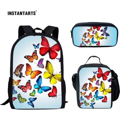 INSTANTARTS School Bags for Teenager Girls 3D Beauty Butterfly Printed 3Pcs Kids Backpack Set Women Schoolbag Mochila Escolar