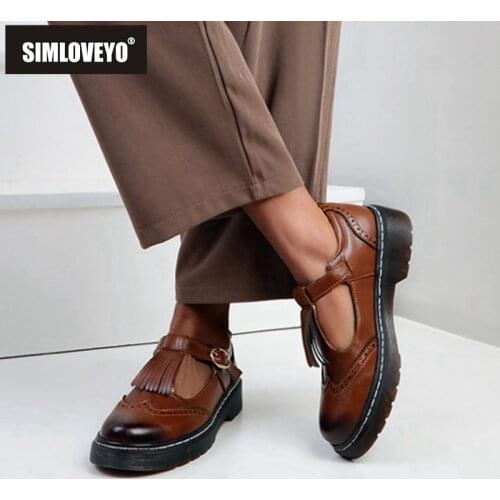 SIMLOVEYO New 2021 Ladies Pumps Round Toe 3.5cm Block Heels British Retro Buckle Tassels Stylish Carved Big Size 34-43 A3591