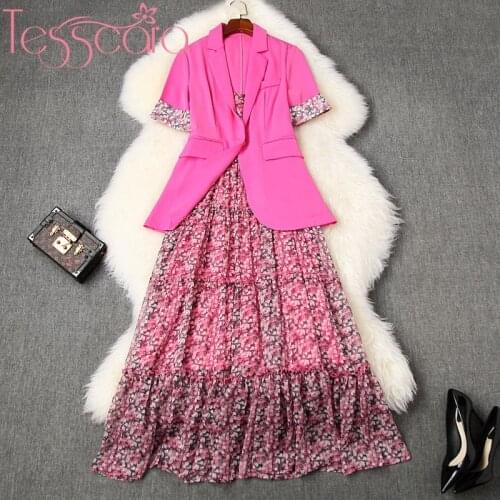 TESSCARA Women Runway Designer Elegant Blazer & Chiffon Dress Suit Set High Quality Notched Robe Long Pink Office Party Vestidos