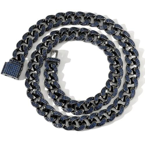 Hip Hop Blue CZ Stone Paved Bling Iced Out Black 12mm Round Cuban Link Chain Necklaces for Men Rapper Jewelry Drop Shipping
