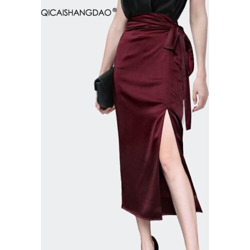 Sexy Wine Red Ladies Satin Pencil Skirt High Waist Lace-Up Side Slit Long Skirts 2021 Summer New Elegant Slim Wrapped Skirts