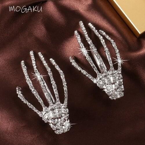 MOGAKU Exaggeration Skeleton Hand Hairpins Full Crystal Hair Clips Barrettes Women Fashion Metal Accessories Party Hairpins Girl