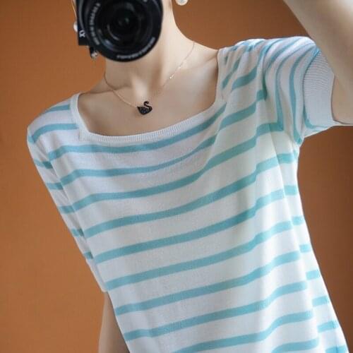 Womens T-shirts Tops 2021 New Arrival Pullover Thin Summer Basic Jumper For Female Soft Shirt Striped Short Sleeve Girl Clothes