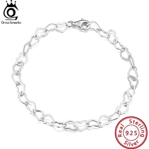 ORSA JEWELS 925 Sterling Silver Elegant Heart Link Chain Bracelet For Women Girl 6.5/7/7.5/8 Inch OL Style Bracelet Jewelry SB99