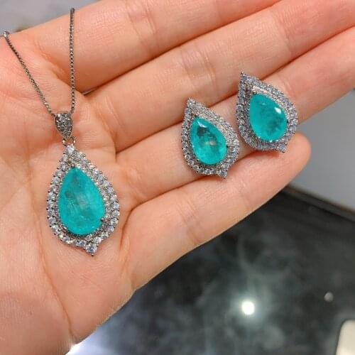 QTT 925 Sterling Silver Chain Necklace Earrings Bridal Sets Fashion Paraiba Water Drop Tourmaline Gemstone Jewelry Ladies Set