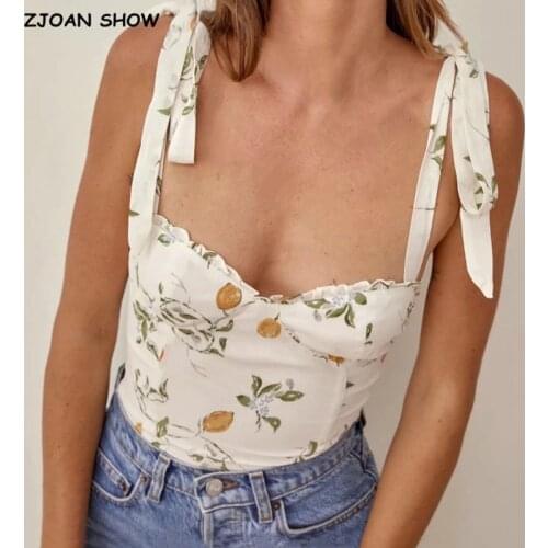 2021 French Tie Bow Strap Fresh Floral Print Camis Women Summer Ruched Short Tank Tops Retro Cool Girl Sexy Slim Crop Top Tees