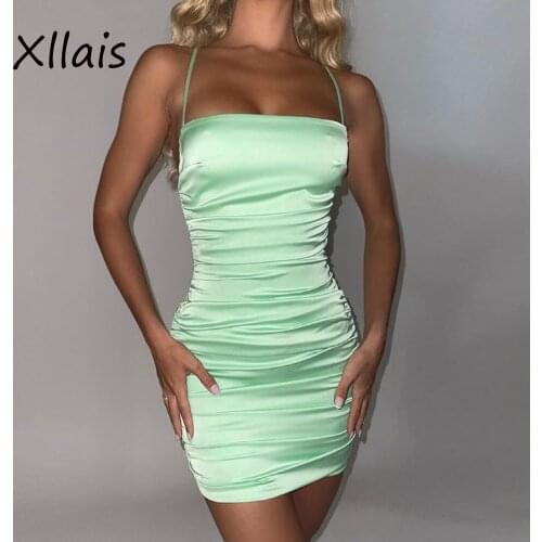 XLLAIS Elegant Women Satin Sexy Dresses Chain Backless Spaghetti Strap Mini Outfits Fashion Folds Design Green Robe Beautiful