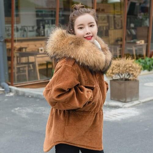 Winter Jacket Women Clothes 2020 Thick Korean Style Corduroy Coat Large Fur Collar Down Cotton Overcoat Jackets KJ3462