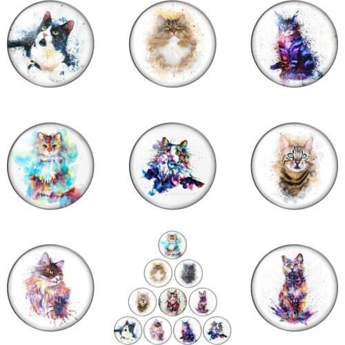 Watercolor Ink Cat Animals Paintings 10pcs 12mm/18mm/20mm/25mm Round Photo Glass Cabochon Demo Flat Back Making Findings