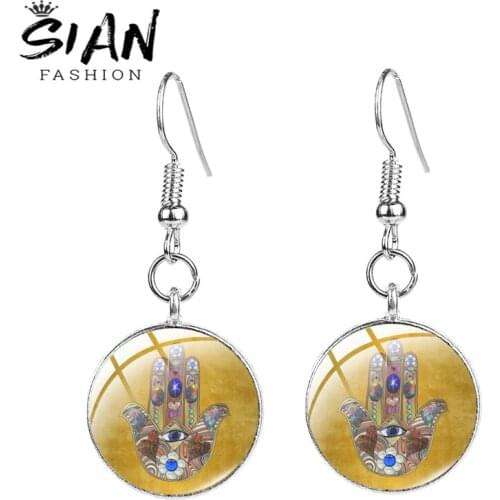 SIAN Earrings Judaica Hamsa Heart Flowers Pattern Fish Hook Earrings Glass Cabochon Surface Trendy Style Women Jewelry Accessory