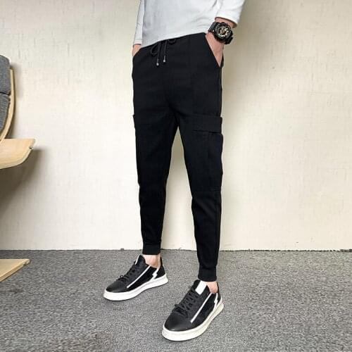 Spring New 2021 Side Big Pocket Harem Pants Men Clothing Streetwear Korean Slim Fit Ankle Length Casual Joggers Trousers Hip Hop