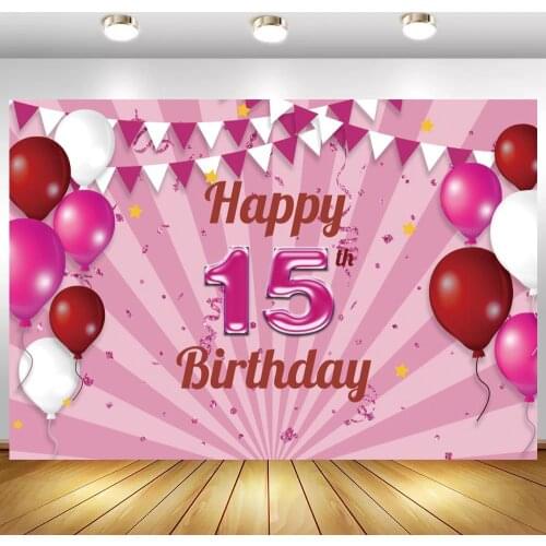 Happy 15th Birthday Photo Backgrounds Balloons Cake Smash Cheers Banner Sweet 16 Party Backdrops Photography For Home Decor