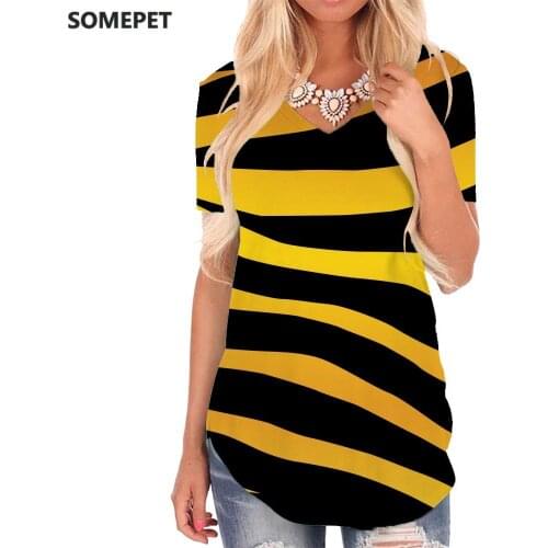 SOMEPET Stripe T-shirt women Zebra V-neck Tshirt Gradient Tshirts Printed Yellow Funny T shirts Womens Clothing Summer Printed