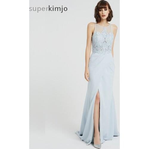 Kimjobridal Real Prom Dresses Sheer Crew Neckline Lace Appliques Side Slit Satin Floor Length Evening Dresses Gowns