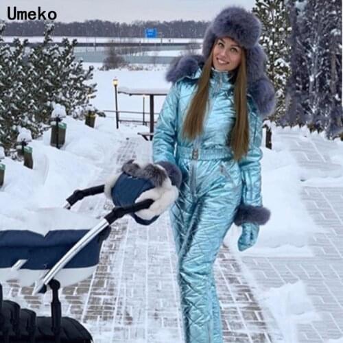 Glossy Winter Hooded Jumpsuits Parka Plus Size Padded Warm Sashes Ski Suit Straight Zipper One Piece Women Casual Tracksuits