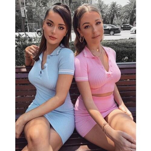 Ribbed tops and skirts sets 2020 Autumn two pieces sets sexy button full sleeve white matching sets outfits