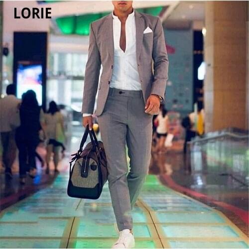 LORIE Grey Business Suit Wedding Groomsmen Men Formal Prom Party Suit Sets Jacket+Pants Smart Casual Groom Tuxedos Customize