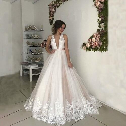 Deep V Neck Tulle Lace Wedding Dresses A Line Backless Applique Floor Length Sweep Train Sleeveless Bridal Dress