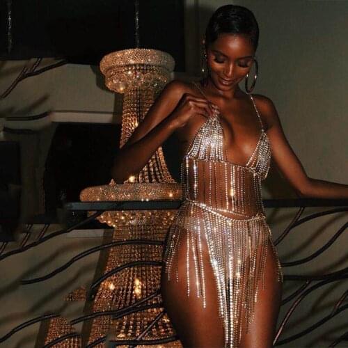 Fashion womens sexy luxury long tasseline body chain harness shiny crystal underwear jewelry bikini chest waist chain gift