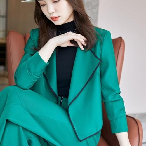 Korean office two piece suit skirt suit autumn and winter elegant long sleeve loose jacket trousers two piece womens suit green