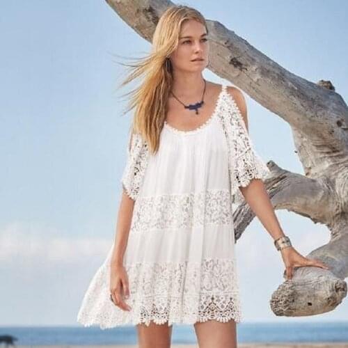 Beach Cover Up Pareo Playa Coverup Dress Vestido Livre Swimsuit Wear Swimwear White Lace Women Beachwear
