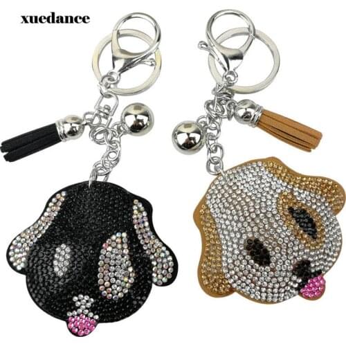 Luxury Handmade Rhinestone Leather Dog Keychain Animal Car Key Chain Keyring Women Bag Charm Pendant Accessories porte clef Gift