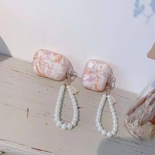 Luxury Pearl Shell Keychain Decor Marble Pattern TPU Earphone Box For Apple Airpods Pro 3 Case for AirPods 2/1 Cover Shell Cute