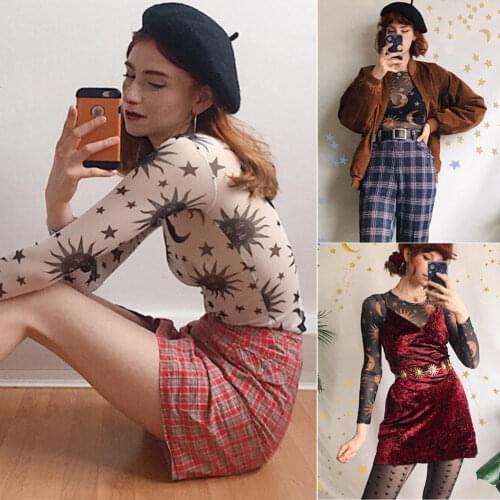 Sexy Women Sun Moon Printed See Through Transparent Mesh Crop Tops Black White Long Sleeve Sheer Slim Ladies Round Neck T-Shirt