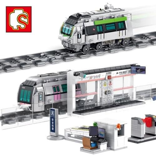 SEMBO City Train Station High Speed BJMTR Subway Station Technical Car Railway Track Street View Tree Building Blocks Toys Gift