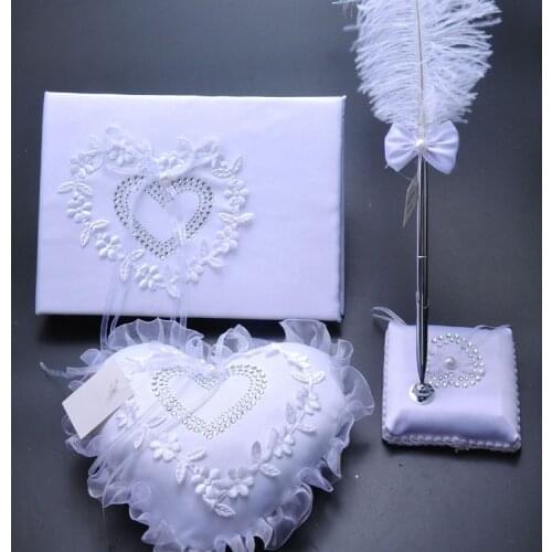 White Wedding Ring Pillow Vintage Wedding Guest Book and Pen Set Party Wedding Signature Guest Book Hearts Wedding Guestbook