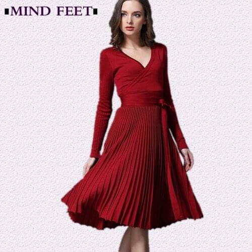 MIND FEET Sexy Slim Long Sleeve Knitting Woman Dress Spring Bow V-neck Knee-length Pleated High Elastic Vestidos Female Dress