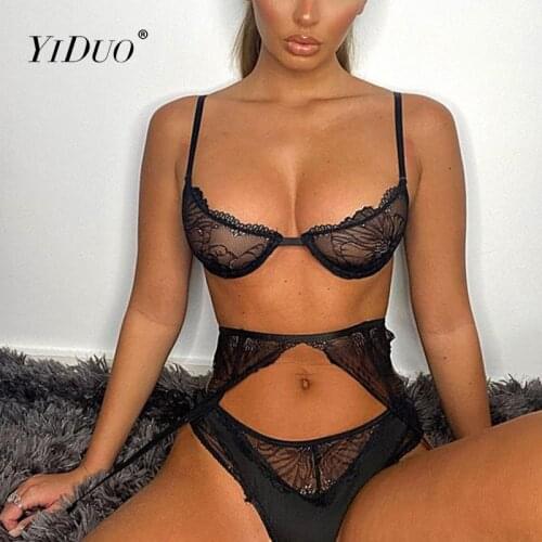 YiDuo 2021 Woman Sexy Black Lace Underwear Set Lenceria Sensual Lingerie Mujer 3 Piece Set Transparent Underwire Bra Brief Sets