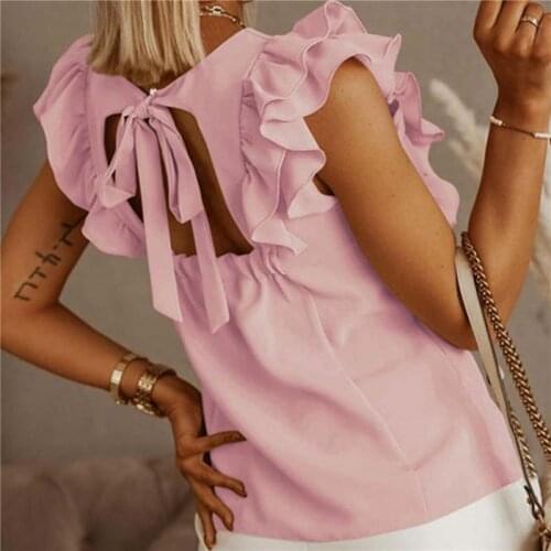 Ruffles Short Sleeve Backless Lace Up Women Blouse Solid O-neck Pleated Elegant Loose Ladies Blouses 2021 New Summer Casual Tops