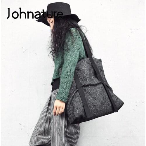 Johnature Simple Original Cotton Linen Cloth Bag 2021 New Large Capacity Women Shoulder Bags Versatile Solid Color Casual Tote