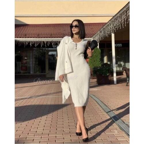 2020 Limited Mid-calf O-neck Full Autumn And Winter New Womens Suit Fashion Knitted Fabric Vest Dress + Cardigan 2-piece Set