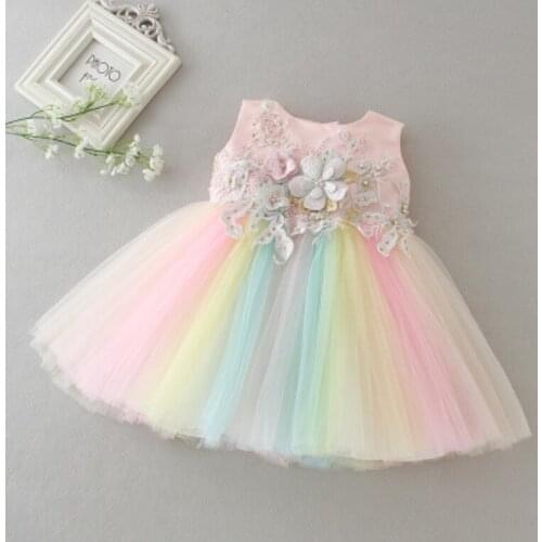 2018 New Arrival Rainbow Party Dress For Baby Girl Wedding Birthday Frocks Children 1 2 Years Infant Fancy B84