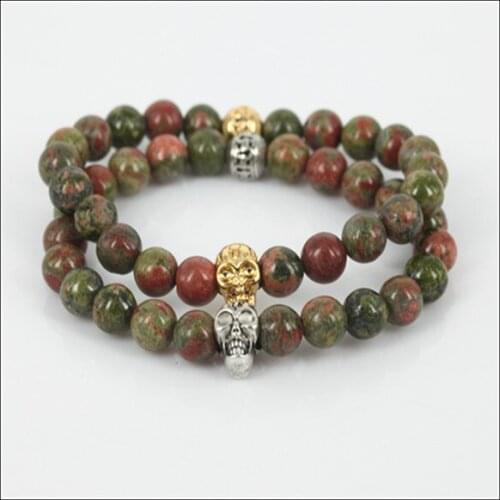 New natural 8mm unakite stone round gem stone beads men bracelet beaded skull head women stretch charm bracelet