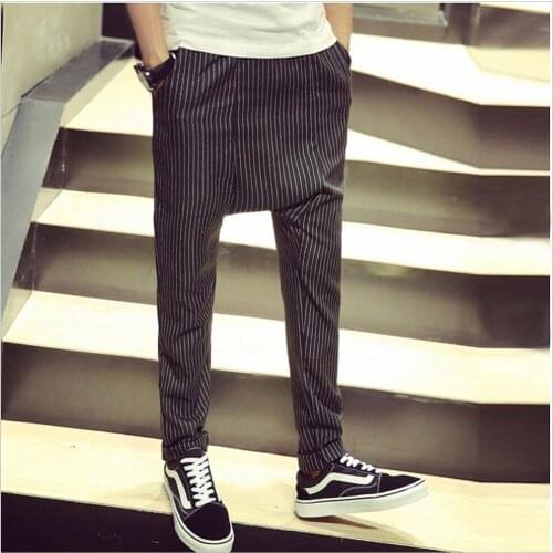 Autumn New Striped Harem Pants Casual Big Crotch Pants Men Tide Full Length Feet Trousers Fashion Hairstylist Singer Costumes