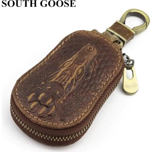 SOUTH GOOSE Genuine Leather Men & Women Car Key Wallets Retro Crocodile Pattern Men Zipper Key Case Lady Housekeeper Key Holders