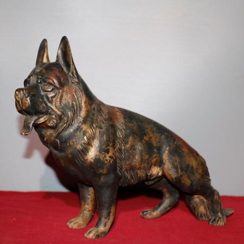 13"Chinese temple collection Old Bronze Cinnabar Lacquer Zodiac dog Lucky Dog Gatekeeper Office Ornaments Town House Exorcism