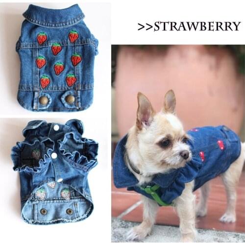 Hot Sale Embroidered Strawberry Denim Puppy Vest Lovely Soft Spring Autumn Pet Casual Coat Suitable for Small Medium Dogs 20E